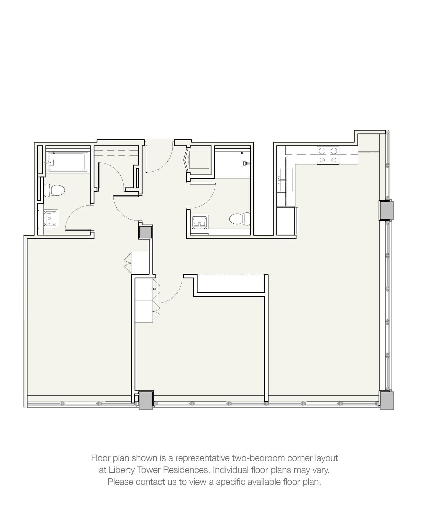 Floor plan for 2 beds, 2 baths, 1079 sqft